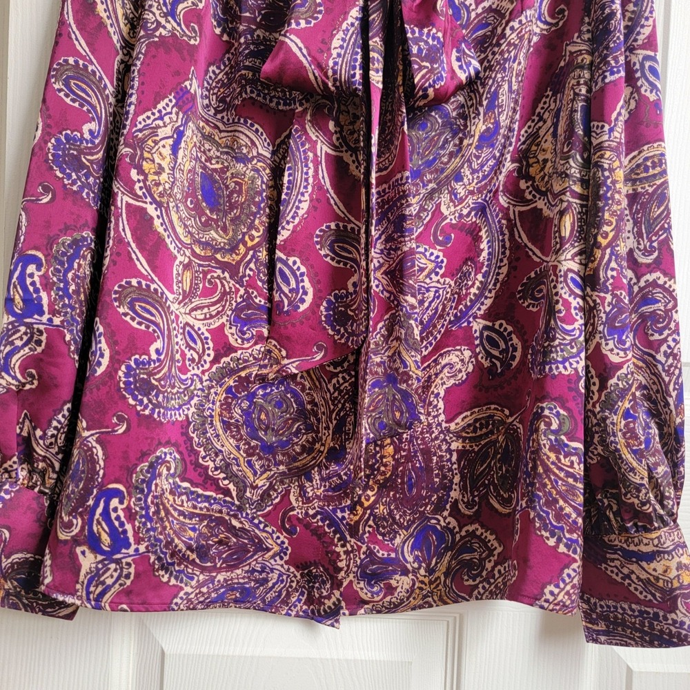 Lauren Ralph Lauren Black Label Paisley Satin Charmeuse‎ Tie-Neck Blouse Small - Picture 5 of 12